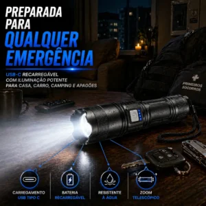 Lanterna Militar Tatica LED CREE Mais Forte do Mundo Ultra Potente 1Km Zoom Alto Brilho Resistente Agua Sitio Fazenda Brielli Home - Imagem 7