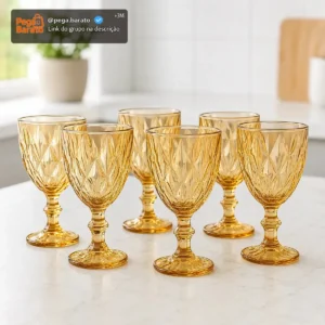 Jogo 6 Taças De Vidro Âmbar Diamond 300ml Para Água Vinho Suco Conjunto De Taças Bico De Jaca Elegante Para Mesa Posta Jantar Servir Buffet Tattoo Style - Imagem 1