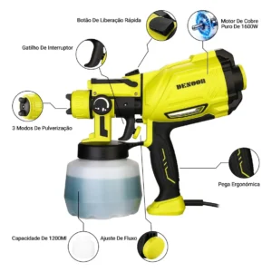 Pistola De Pintura 1600w Motor De Cobre Puro 1200ml Elétrica Profissional Pulverizador 38000rpm Com 4 Bicos De Cobre 127v Desoon - Imagem 6