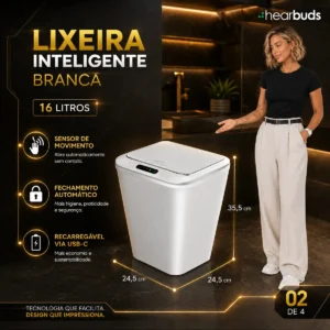 Lixeira Inteligente Automática Branca Universal Com Sensor Hearbuds Recarregável Anti Odor 16L - Imagem 3