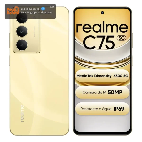 Smartphone Celular Realme C75 5g 256gb 8gb Ram Dourado Dual Sim Ultrarresistência À Água Ip69 Mediatek Dimensity 6300