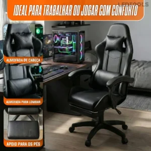 Cadeira Gamer Ergonômica Preta Reclinável Com Apoio dos Pés Led Tools Couro Sintético - Imagem 3