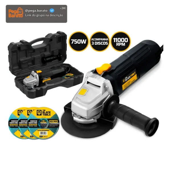 Esmerilhadeira lixadeira angular 750w 4.1/2 pol 115mm 11000rpm com maleta e discos bta780d The Black Tools