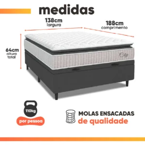 Cama Box Baú Colchão Casal Molas Ensacadas City Pillow Top 138x188x64cm Branco e Cinza Hellen Suporta até 110kg por Pessoa - Imagem 4