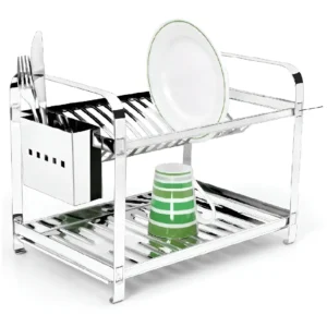 Escorredor de Pratos Aço Inox Mak-Inox 16 Pratos 2 Andares Com Porta Talheres - Imagem 1