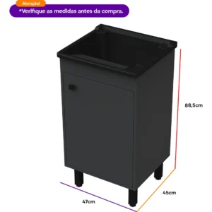 Tanque De Lavar Roupa Com Gabinete Cinza Grafite| Kit Com Tanque 26 l Plástico Preto, Válvula E Sifão| Armário Para Área De Serviço Cinza Chumbo 100% Mdf Entregue Montado | Qualidade Premium EJV Shoop - Imagem 4