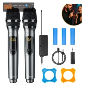Microfone Sem Fio Duplo UHF Profissional Preto Recarregável Led Karaokê Palestras Shows Igrejas Apresentações Mzcell - Imagem 1