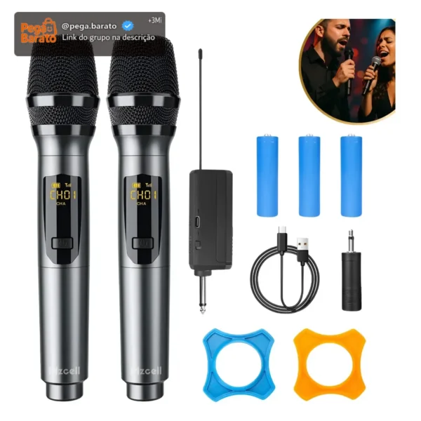 Microfone Sem Fio Duplo UHF Profissional Preto Recarregável Led Karaokê Palestras Shows Igrejas Apresentações Mzcell