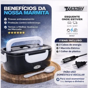 Marmita Elétrica Preta Bivolt Portátil Doméstica 110/220v Veicular 12/24v Lancheira 1.5l Com Divisórias Esquenta Rápido Refeições Práticas Trabalho Casa Carro Caminhão Viagem Faculdade Woosh - Imagem 6