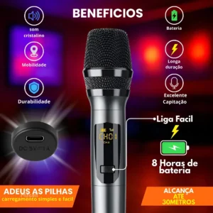 Microfone Sem Fio Duplo UHF Profissional Preto Recarregável Led Karaokê Palestras Shows Igrejas Apresentações Mzcell - Imagem 5