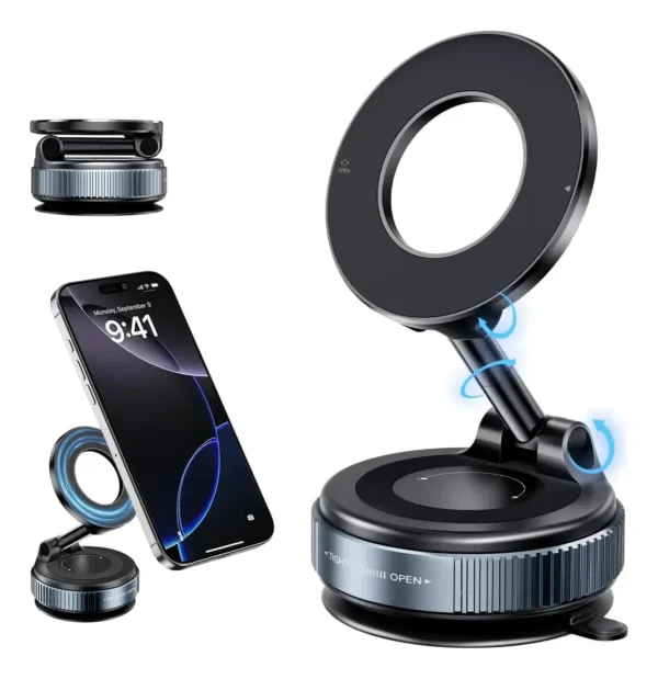 Suporte Veicular Magnético com Ventosa, para Celular no Painel ou Para-brisa Ajustável 360°