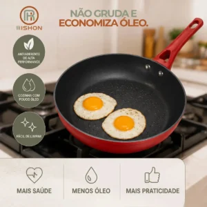 Frigideira Cerâmica 20cm Antiaderente Grande Fogão A Gás Indução Cooktop Elétrico Panela Frita Sem Óleo Não Gruda Rishon Vermelha - Imagem 5