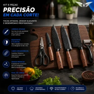 Conjunto 6 Peças Facas Descascador Tesoura Inox Jogo De Cozinha Churrasco Cabo De Madeira Óh Céus Aletronix - Imagem 3