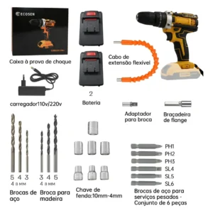 Ecosen Parafusadeira Furadeira Sem Fio 8Ah Bateria Duas Baterias Amarela 60hz - Imagem 7
