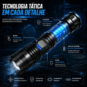 Lanterna Militar Tatica LED CREE Mais Forte do Mundo Ultra Potente 1Km Zoom Alto Brilho Resistente Agua Sitio Fazenda Brielli Home - Imagem 3