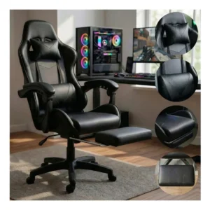 Cadeira Gamer Ergonômica Preta Reclinável Com Apoio dos Pés Led Tools Couro Sintético - Imagem 1