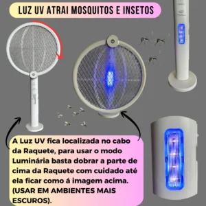Raquete Elétrica Recarregável Branca Mata Mosquistos Luz Uv - Imagem 5