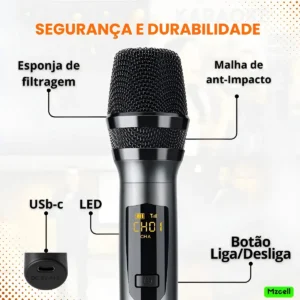 Microfone Sem Fio Duplo UHF Profissional Preto Recarregável Led Karaokê Palestras Shows Igrejas Apresentações Mzcell - Imagem 6