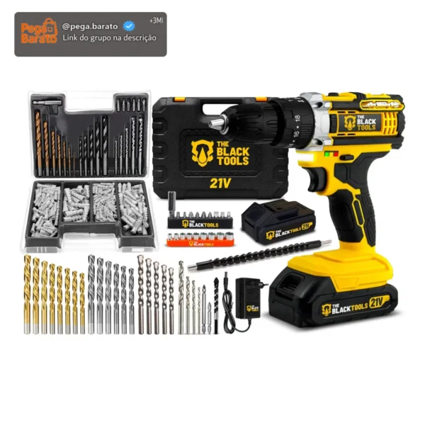 Parafusadeira Furadeira De Impacto Profissional 21v Tb21pw Com Kit Brocas E Buchas 300 Peças The Black Tools
