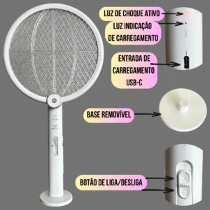 Raquete Elétrica Recarregável Branca Mata Mosquistos Luz Uv - Imagem 4