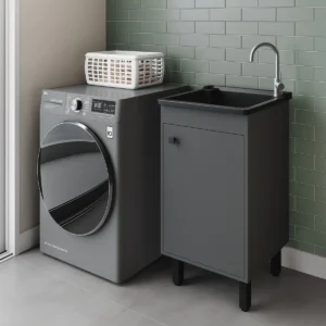 Tanque De Lavar Roupa Com Gabinete Cinza Grafite| Kit Com Tanque 26 l Plástico Preto, Válvula E Sifão| Armário Para Área De Serviço Cinza Chumbo 100% Mdf Entregue Montado | Qualidade Premium EJV Shoop - Imagem 1