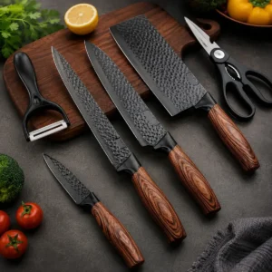 Conjunto 6 Peças Facas Descascador Tesoura Inox Jogo De Cozinha Churrasco Cabo De Madeira Óh Céus Aletronix - Imagem 1