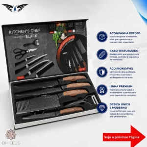 Conjunto 6 Peças Facas Descascador Tesoura Inox Jogo De Cozinha Churrasco Cabo De Madeira Óh Céus Aletronix - Imagem 6