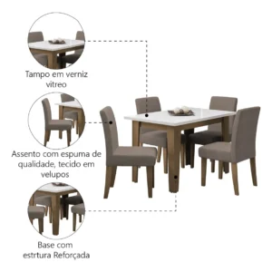 Conjunto de Mesa Sala de Jantar Miami com 4 Cadeiras Trieste Suede 1,20m Cedro / Off White / Mascavo Dobuê - Imagem 7