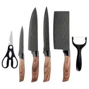 Conjunto 6 Peças Facas Descascador Tesoura Inox Jogo De Cozinha Churrasco Cabo De Madeira Óh Céus Aletronix - Imagem 8