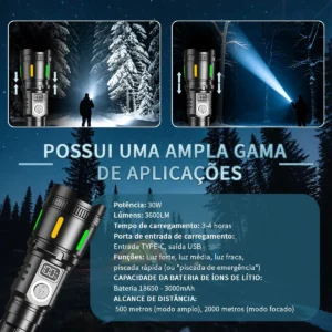 Lanterna Tática Led Zoom 3600lm 2km Alto Luz Potente Usb Recarregável Vem com 2 baterias modelo 18650 Enfit Vida - Imagem 4