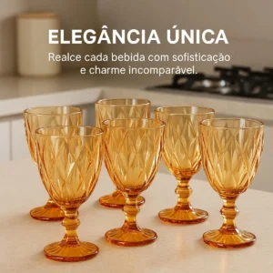 Jogo 6 Taças De Vidro Âmbar Diamond 300ml Para Água Vinho Suco Conjunto De Taças Bico De Jaca Elegante Para Mesa Posta Jantar Servir Buffet Tattoo Style - Imagem 3