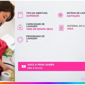 Lavadora de Roupas Brastemp 15kg Cesto Inox 4 Programas de Lavagem Cinza BWT15A9 - Imagem 2