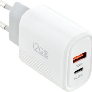Carregador de Parede Ultra Rápido com 1 Saída USB-C Power Delivery 20W + 1 Saída USB-A 18W I2GO - i2GO PRO, Branco - Imagem 1