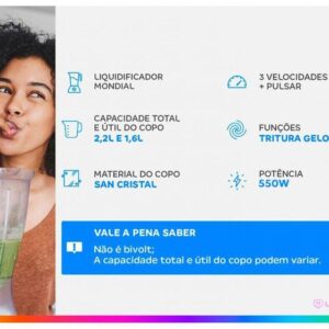 Liquidificador Mondial Turbo Power L-99-FB Preto com Filtro 3 Velocidades 550W - Imagem 2