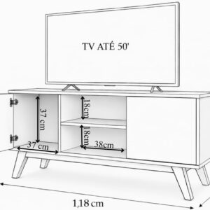 Rack Sala de Estar Turim 2 Portas e Nichos - Para TV até 50 Polegadas Pés Retrô em Madeira (Cedro/Off) - Imagem 5