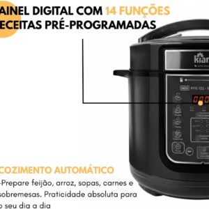 Panela de Pressão Elétrica Kian PPE-102 Capacidade 6 Litros Silenciosa 1000W Painel Digital com 14 Receitas Cuba Antiaderente (220, Volts) - Imagem 3