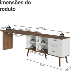 Escrivaninha Mesa de Escritório de Canto 3 Gavetas Lisboa Madesa - Imagem 4