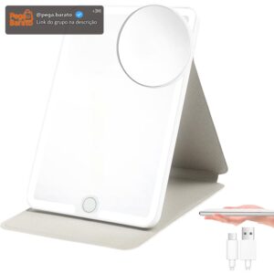 Espelho Maquiagem com LED Portátil e Aumento 10X, Espelho de Mesa Ultra Fino e Dobrável em Couro PU com Toque, 3 Cores de Luz e USB, para Viagem, Maquiagem e Escritório - Imagem 1