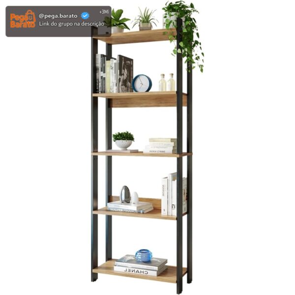 Estante Livreiro 5 Prateleiras Estilo Industrial Organizador Multiuso Mega Chicó 178x63x30cm (Preto/Nature)