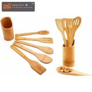 Kit Colheres De Bambu com Suporte 5 Peças Utensílios de Cozinha - Imagem 1