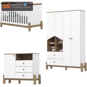 Quarto de Bebê Completo com Berço Cômoda e Guarda-roupa Henn Ternura Branco e Jequitibá - Imagem 1