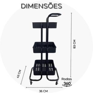 Carrinho Organizador Multiuso 3 Prateleiras Com Rodinhas 360° (Preto) - Imagem 2