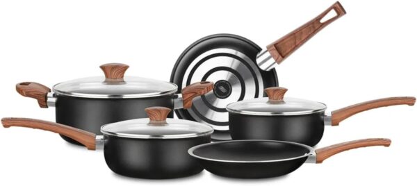 Conjunto de Panelas Vanilla Cerâmica 5 Peças – Antiaderente Cerâmico | 18cm, 20cm, Caçarola 22cm, Frigideiras 22cm e 24cm | Tampas de Vidro, Cabos Antitérmicos (VANILLA BLACK)