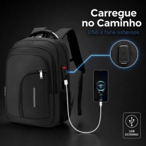Mochila Masculina Reforçada Executiva Grande Mochila para Notebook Trabalho Viagem Escola com Cabo de Aço Impermeável Antifurto com Saídas USB/Fone de Ouvido Unissex - Imagem 3