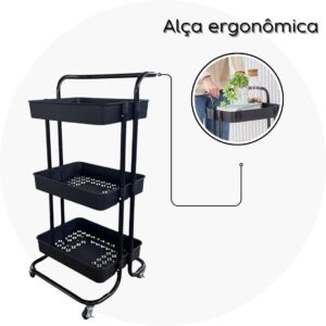 Carrinho Organizador Multiuso 3 Prateleiras Com Rodinhas 360° (Preto) - Imagem 6
