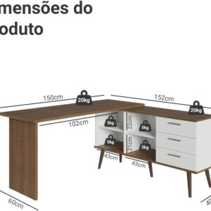 Escrivaninha Mesa de Escritório de Canto 3 Gavetas Lisboa Madesa - Imagem 2