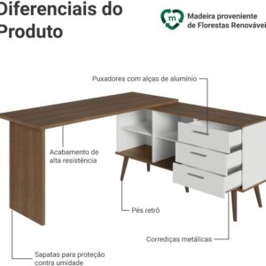 Escrivaninha Mesa de Escritório de Canto 3 Gavetas Lisboa Madesa - Imagem 5