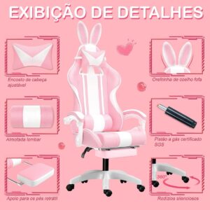 Cadeira gamer fofa com orelhas de coelho, com apoio de pés e apoio de cabeça (Rosa) - Imagem 3