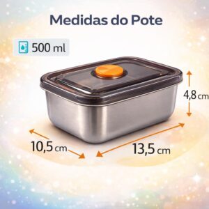 Kit 4 Potes Herméticos de Aço Inox 500ml com Tampa, Recipientes para Armazenar Alimentos, Marmita Inox, Potes para Geladeira e Cozinha, Vedação Segura - Imagem 3