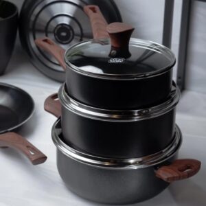 Conjunto de Panelas Vanilla Cerâmica 5 Peças – Antiaderente Cerâmico | 18cm, 20cm, Caçarola 22cm, Frigideiras 22cm e 24cm | Tampas de Vidro, Cabos Antitérmicos (VANILLA BLACK) - Imagem 3